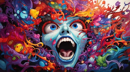 Surreal art of a colorful, screaming face amidst vibrant splashes