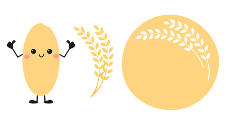 Ear of rice on yellow label and rice cartoon with thumbs up isolated on white background vector.