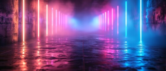 A journey through 3D futuristic sci-fi modern high-tech empty space pathways using neon blue glowing light strips in cyberpunk colors - obrazy, fototapety, plakaty