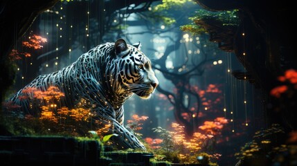 Ethereal tiger amidst a mystical forest glade - obrazy, fototapety, plakaty