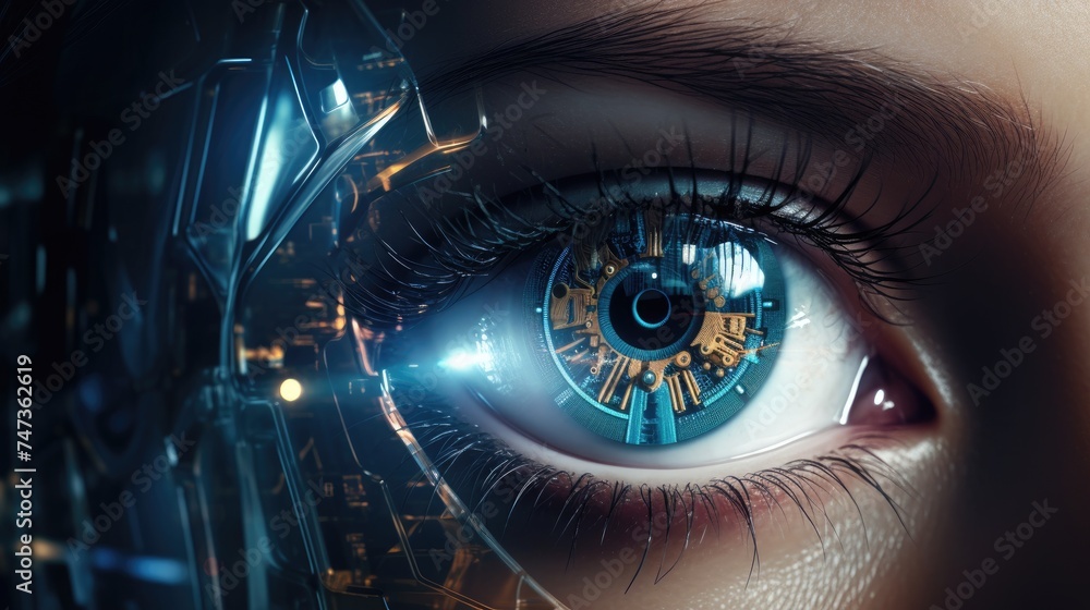 Poster macro view of a cybernetic eye with intricate circuits