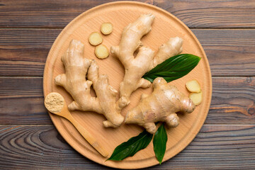 ginger on Cutting board table, top view. Space for text