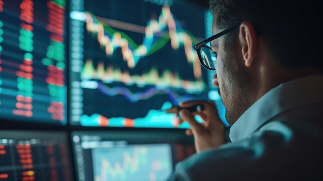 Portfolio manager overseeing financial investment accounts, following stock market global exchange trends. surrounded by digital screens displaying statistics and graphs, generative ai