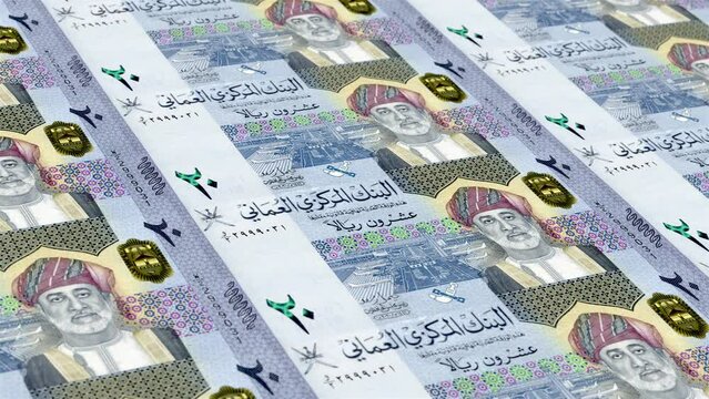 Oman Omani Rial 20 Banknotes Money Printing House, Printing Twenty Omani Baisa, Printing Press Machine Print out Omani Rial, Being printed by currency press machine 20 Omani Rial banknote
