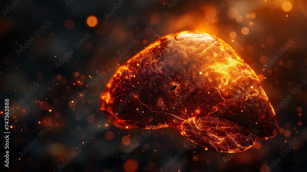 Poster a detailed visualization of a human liver illuminated from within, showcasing the complex vascular n