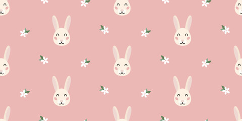 Seamless pattern with cute bunny rabbit and spring flower. Pink background for easter, nursery.