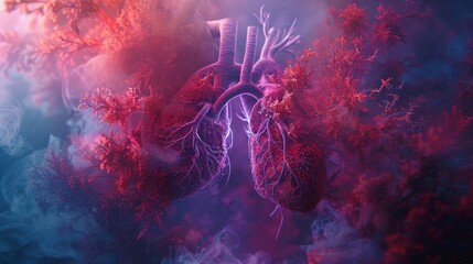 A captivating depiction of human lungs intertwined with tree-like structures against a mystical, smoky background, symbolizing life and breath.