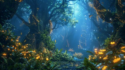 Mystical forest with magical creatures and luminous plants.