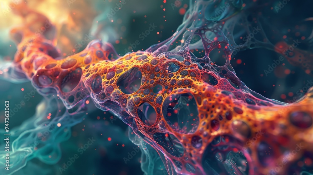 Poster this image magnifies the intricate and colorful cellular structures and their connections, resemblin