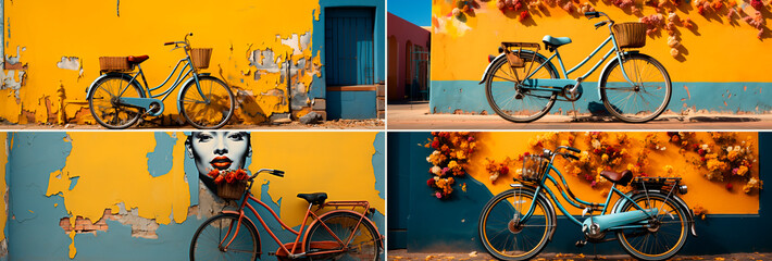 bicycle parked near the mural, bold colors and brushwork, light indigo and gold