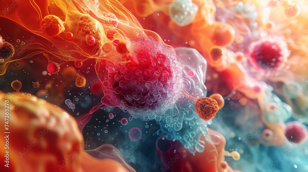 Poster a highly detailed digital artwork depicting a colorful, dynamic representation of cells and an immun