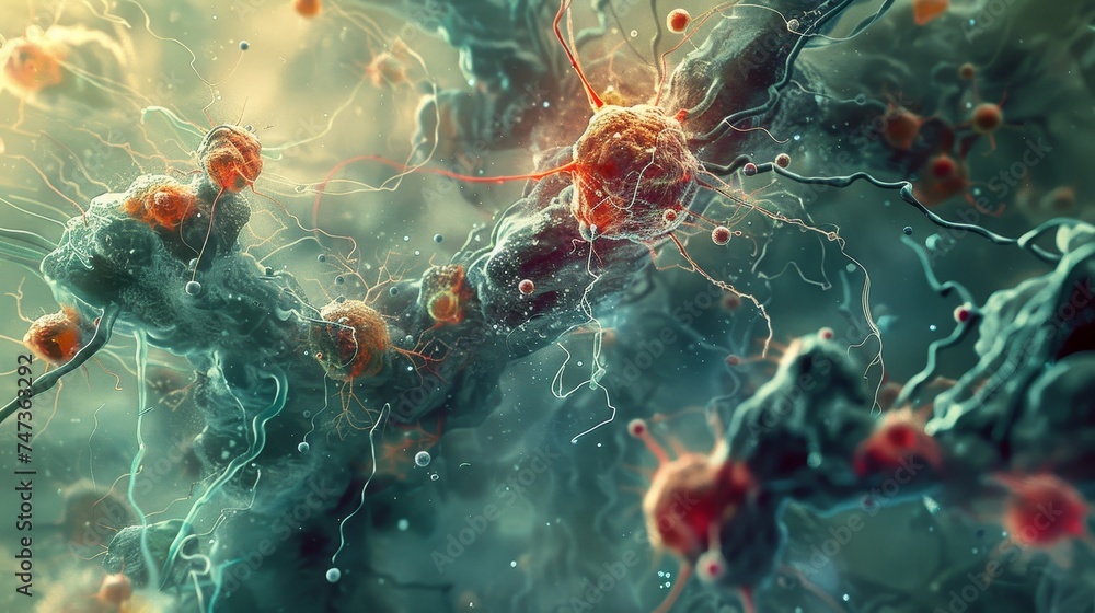 Poster illustration of neural network activity, showing synapses and neurotransmitter dynamics in the human