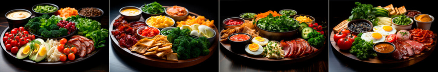 large round tray with various breakfast options, urban style, organic contours,
