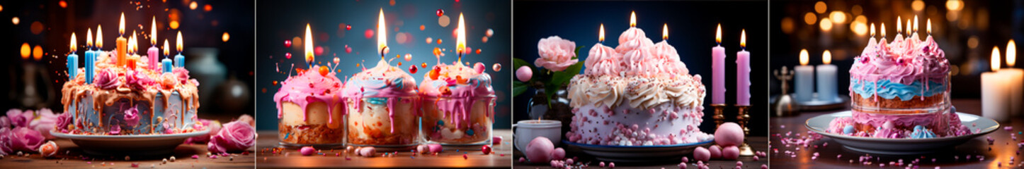 birthday cake with birthday candles on it, white background style, pink core,