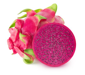 Isolated dragonfruit. Whole and slice of red fleshed pitahaya fruits isolated on white background with clipping path