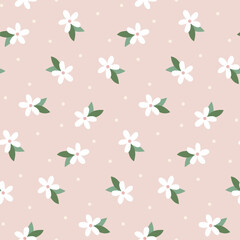 Seamless pattern with white spring summer flowers in flat style on pastel pink polka dot background. Print for fabric, paper.