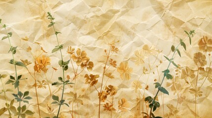 Old vintage paper texture with pressed flowers and leaves, transparent and delicate against the aged background.