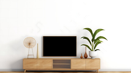 Mockup a TV wall mounted with decoration in living room on background.3d rendering