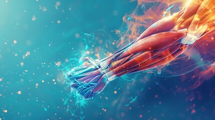 A detailed illustration of human muscle fibers and tendons with a dynamic interplay of fiery and cool tones, highlighting muscular anatomy. - obrazy, fototapety, plakaty