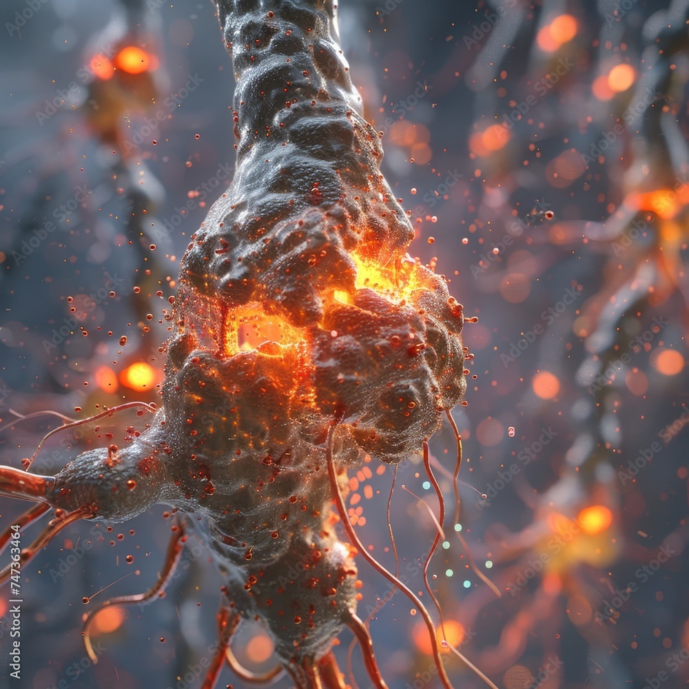 Poster close-up image capturing the dynamic process of an active synapse within a neural network, highlight