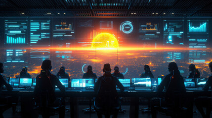 A series of digital avatars sit at a virtual conference table representing investors and analysts from around the world. Behind them a digital dashboard displays realtime