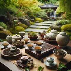 A serene tea ceremony setup with various teapots and cups, displayed elegantly in a lush Japanese garden