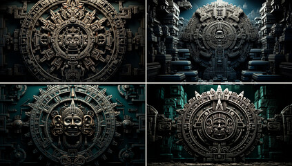 Exquisite Aztec calendar design in black and white. Glowing orbs adding a mystical element. Fantasy ruins with arched doorways and unique architecture. High contrast of light and shade