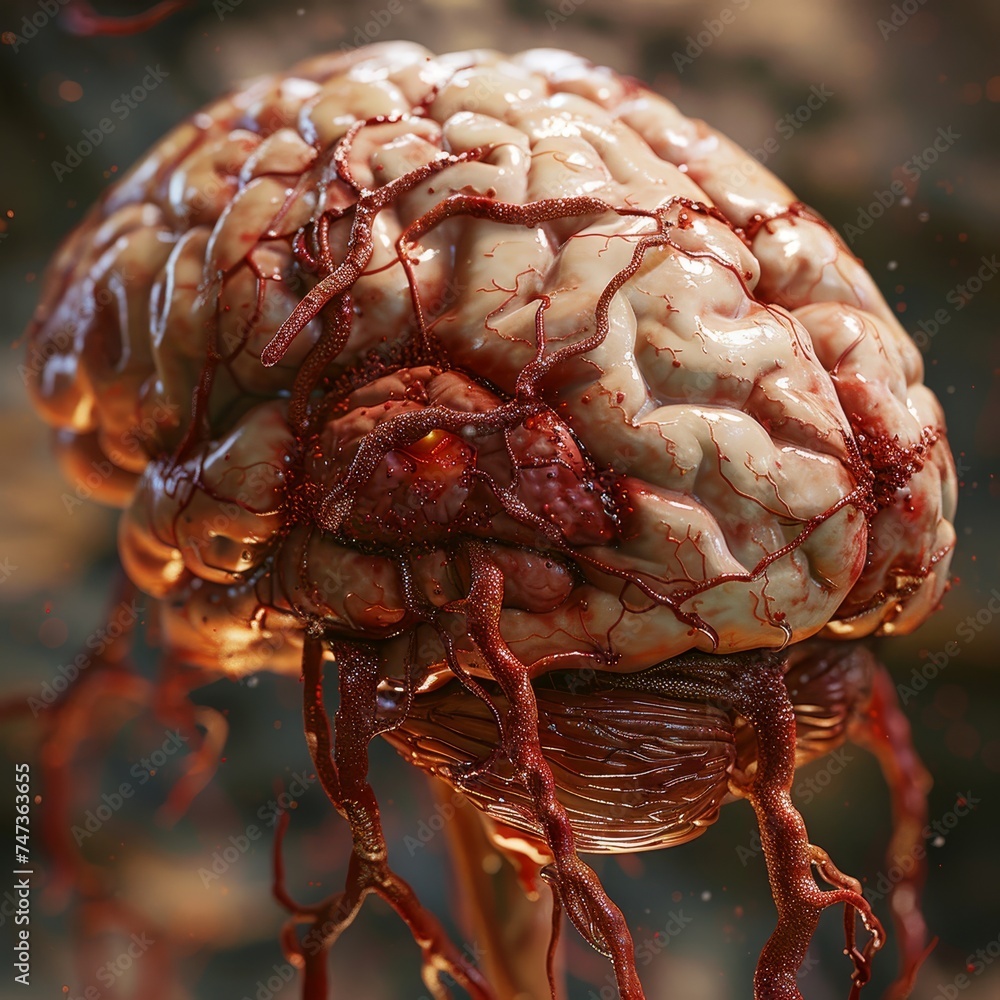 Poster a hyper-realistic depiction of the human brain displaying the intricate vascular network, highlighti