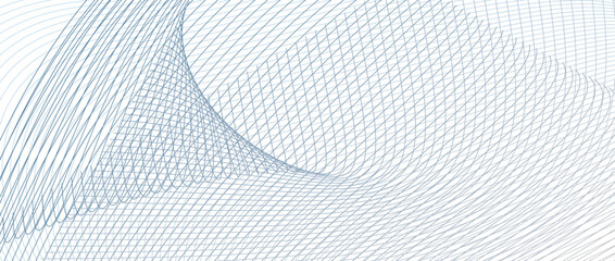 Blue, gray net design. Line art pattern, industrial style. Information techno concept. Wavy thin lines. Vector subtle curves. Abstract futuristic background for banner, landing page, poster. Ai format