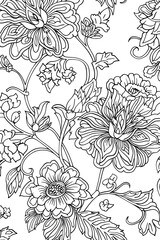 Monochrome Drawing of Flowers on White Background, coloring page