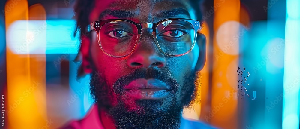 Leinwandbilder a self-confident black scientist in glasses and a pink shirt in front of a futuristic touchscreen di