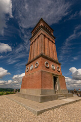 002-08-2023 Ry, Denmark The tower at Himmelbjerget, Sun clouds and blue sky - obrazy, fototapety, plakaty