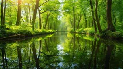 Fototapeta na wymiar Panoramic landscape of a tranquil river flowing through a dense, green forest, reflecting the surrounding trees.