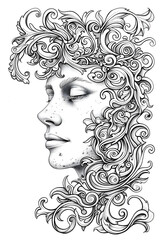 Detailed Drawing of a Womans Face With Curly Hair, coloring page