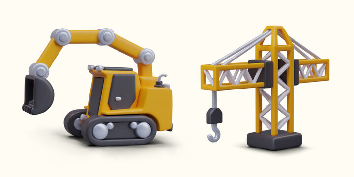 Yellow 3D excavator, construction crane with hook. Heavy construction equipment, special machinery