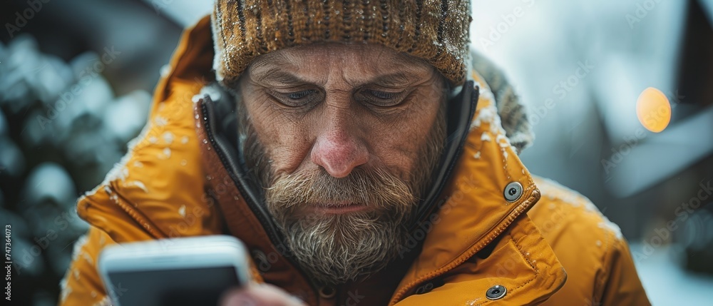 Aufkleber an image of a man using a smart phone from a close perspective.