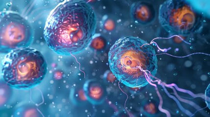 Obraz premium Conceptual 3D artwork of neural network synapses connecting in a vibrant blue biological environment.