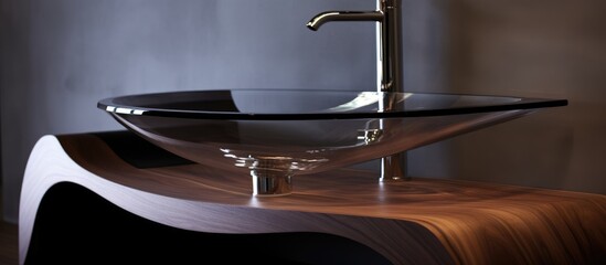 A modern glass bowl sink is elegantly placed on top of a sturdy wooden counter in a stylish bathroom setting. The clear bowl contrasts beautifully with the warm wood,