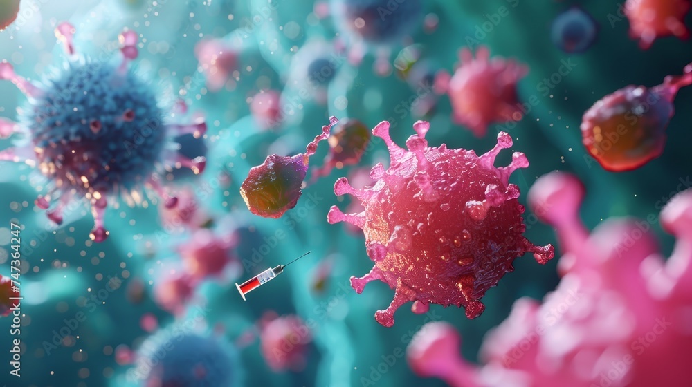 Poster a 3d image displaying a dynamic scene of various viruses with a syringe, symbolizing medical interve