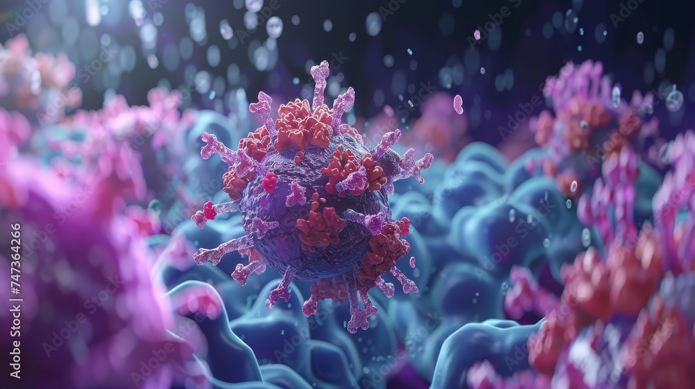 Poster this image features a detailed 3d rendering of a virus being targeted and engulfed by antibodies, sh
