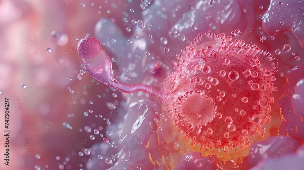 Aufkleber close-up artistic rendering of a spermatozoon approaching an ovum, symbolizing the moment of concept