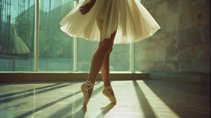 Beautiful ballet dancer perform dance at theater. Classical choreography concept. Graceful elegant ballerina in white dress. Pretty female artist. Young talented girl performer. Ballroom class. - obrazy, fototapety, plakaty