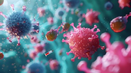 A 3D image displaying a dynamic scene of various viruses with a syringe, symbolizing medical interventions and research.