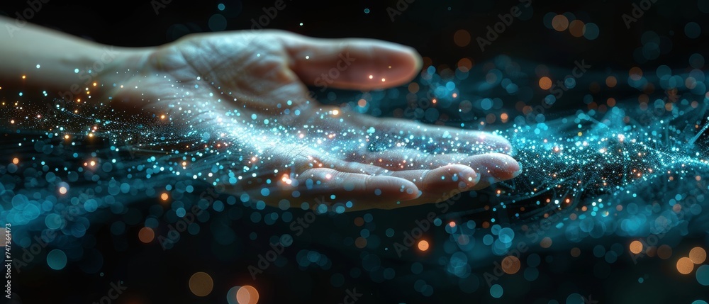 Poster Digital data network transformation for next generation technology on cyberspace, Internet networks, digital software development, algorithms, metaverses, and data science by a businessman.