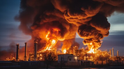 Burning oil refinery  - obrazy, fototapety, plakaty