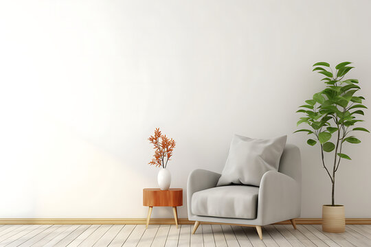 Modern interior of living room with gray armchair on empty white color wall background - Powered by Adobe