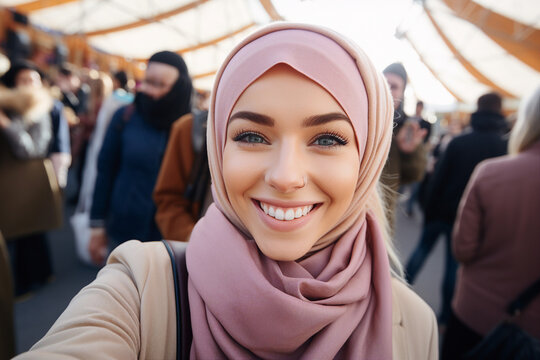 Generative ai collage image of woman friends muslim in hijab looking on modern shopping market