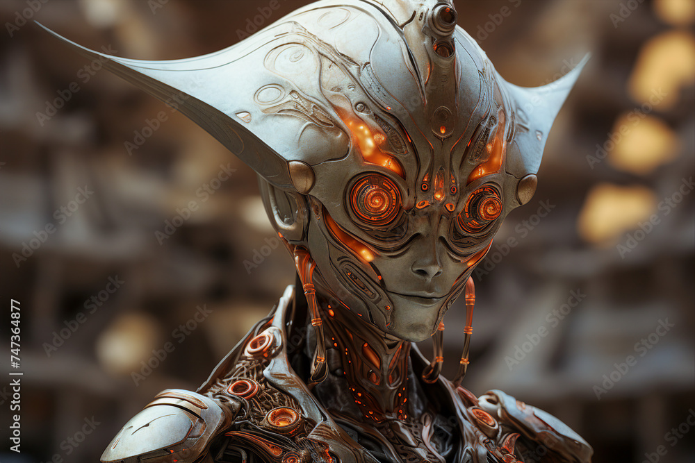 Poster alien commander standing in front of a futuristic spaceship created with generative ai