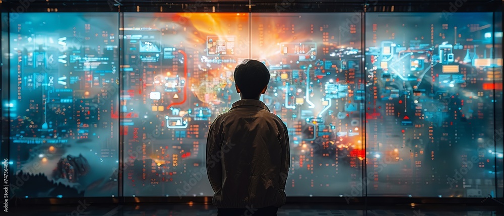 Poster Programmer, software engineer, using mobile telephone by id touch on screen, coding on laptop computer with technology background using artificial intelligence, big data, and Internet of Things.
