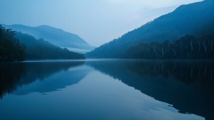 Peaceful mountain lake at dawn with reflections of the surrounding peaks - obrazy, fototapety, plakaty